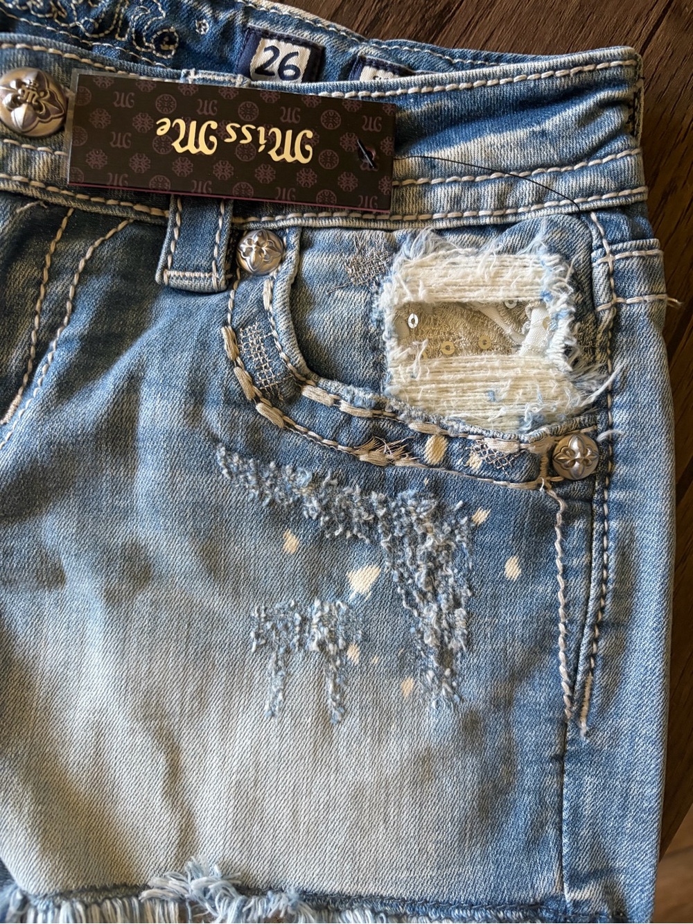 Miss Me Light Wash Distressed Denim Shorts with Rhinestone Trim - Picture 2 of 9